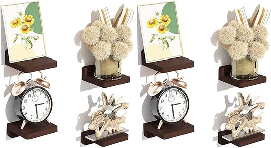 SRIWATANA Small Floating Shelves Wall Mounted, Wood Shelf for Decoration and Storage Set of 4, Mini Display Shelf for Bedroom, Bathroom, Kitchen, Office (Walnut, 4 inch) (Pack of 2)