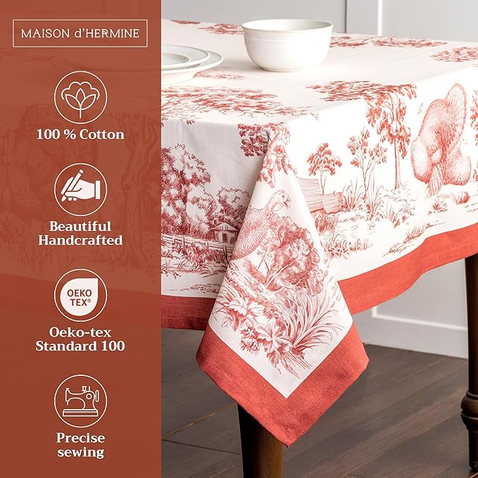 Maison d' Hermine Table Cloth Square Table 100% Cotton 54 x 54 Inches Fall Tablecloth Reusable Everyday Use for Thanksgiving Christmas Decorations Dining Farmhouse Party (Holy Jouy - Red)