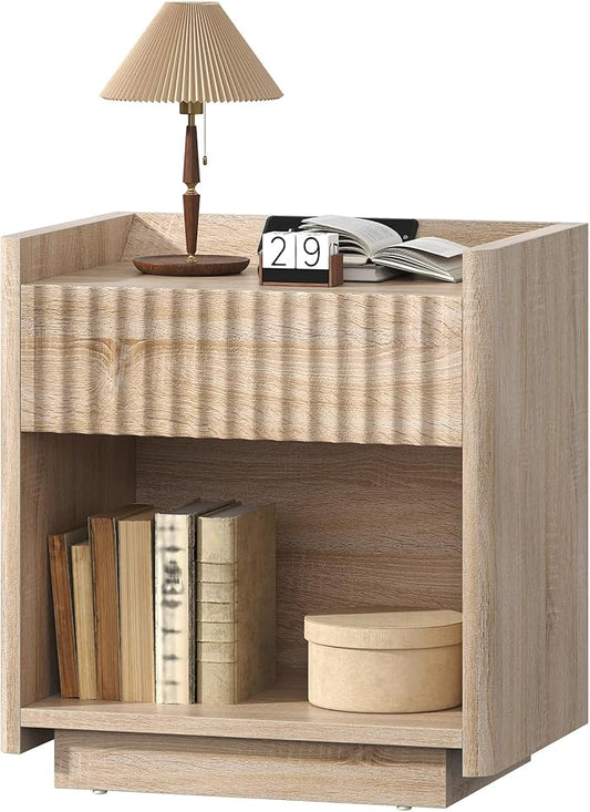 Bigbiglife Fluted Nightstand with Charging Station, 22" Modern Side Table with Drawer End Table with Open Storage, Bedside Table for Bedroom, Living Room, Natural Oak (1, Natural Oak)