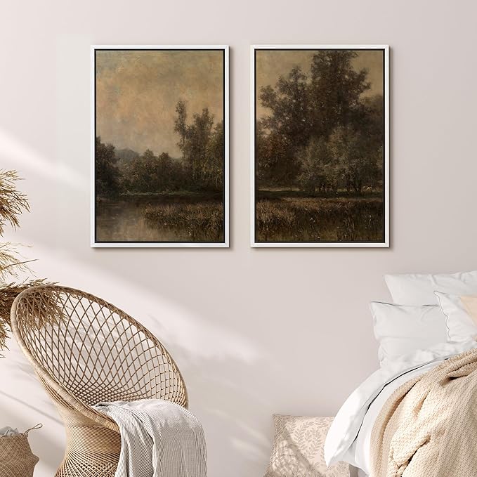 MUDECOR Framed Canvas Print Wall Art Wildflower Meadow Romantic Impressionist Floral Landscape Illustrations Modern Art Decorative Bohemian Chic for Living Room, Bedroom, Office - 16"x24"x2 White