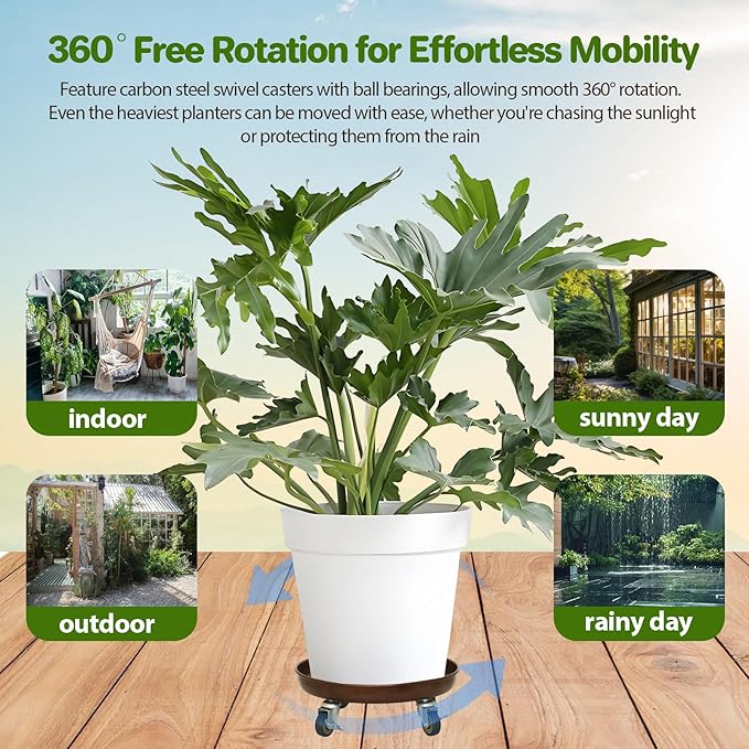 Plant Saucer 14" Rolling Plant Caddy Rolling Plant Stand with Wheels – Heavy Duty Metal, Locking, Sturdy, Rust-Resistant Finish, and Easy to Move, 390 lb Capacity