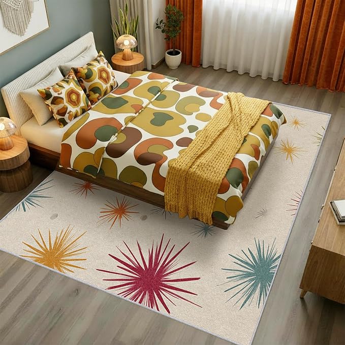 Mid Century Modern Rug 3x5 Starburst Atomic Retro 60s 70s Pattern Area Rugs for Living Room, Bedroom, Mid Century Modern Home Decor Accessories Indoor Carpet, Non Slip & Machine Washable