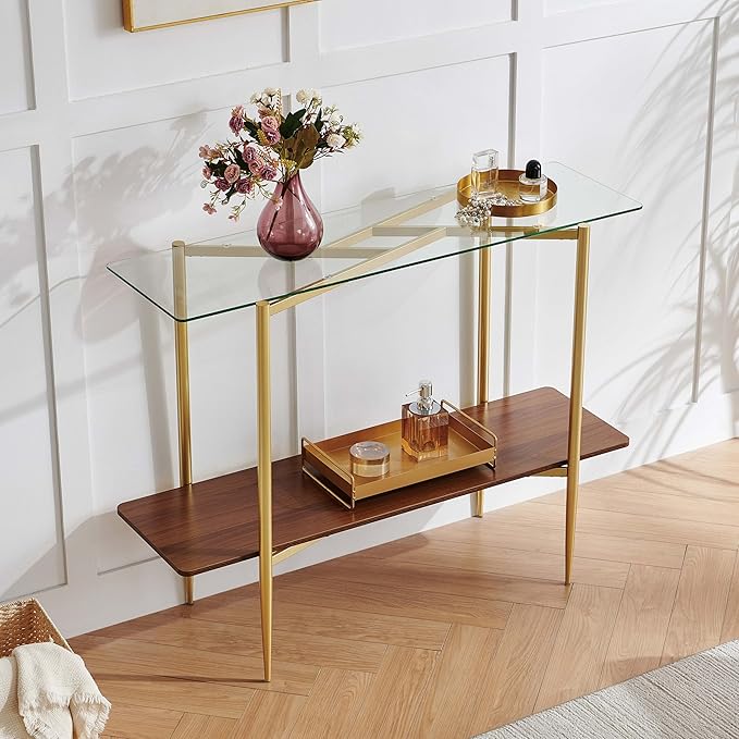 Rectangle Glass Console Table, Mid-Century Modern Design, L41*W14*H32 inch, for Living Room, Clear Glass Top and Walnut Finish Wood Shelf, Conical Metal Legs with Gold Finish
