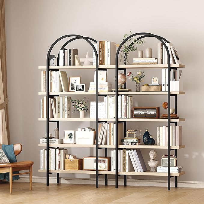 Yusong Bookshelf 5 Tier Arched Bookcase, 74" Tall Industrial Open Book Shelves for Living Room, Modern Freestanding Display Shelving Storage Rack with Metal Frame, Office, Bedroom, Natural Wood Color