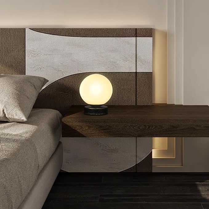 FLORNIA Globe Tble Lamp, Modern Industrial Round Table Lamp, Unique Bedside Nightstand Desk Lamp with Glass Shade and Marble Base for Bedroom, Living Room, Office Study, Decoration (Include Bulb G45)