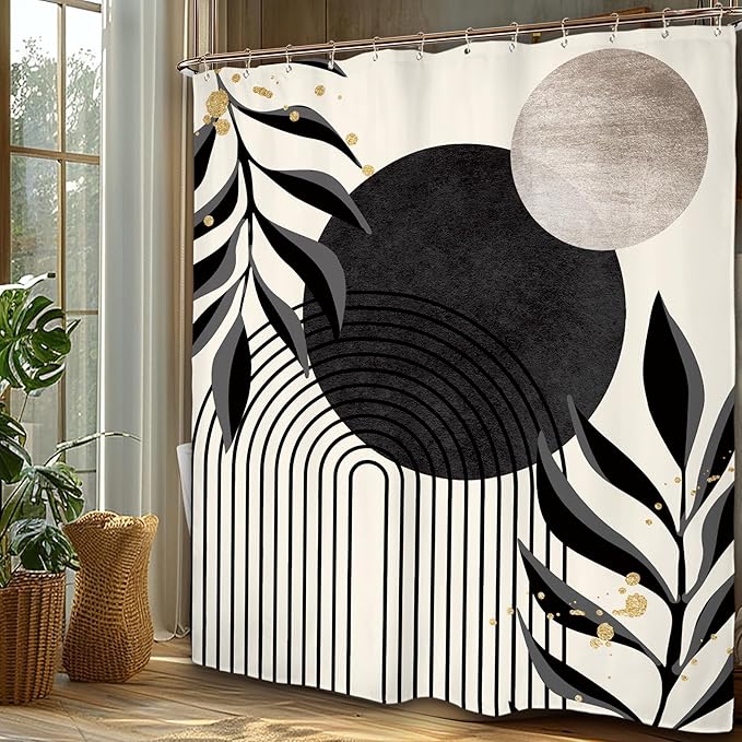 Miyotaa Abstract Minimalist Shower Curtain Set 60Wx71H Inches Modern Aesthetic Dark Gray Black Contemporary Plant Leaves Neutral Geometric Waterproof Bathroom Curtain with 12 Hooks