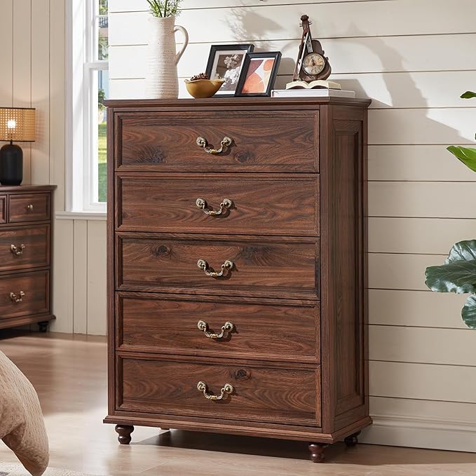 Farmhouse 5 Drawer Dresser for Bedroom, 45" Tall Rustic Chests of Drawers w/ 4 Solid Wood Feet, Mid Century Modern Wooden Closet Storage Dressers Organizer for Living Room, Hallway, Brown