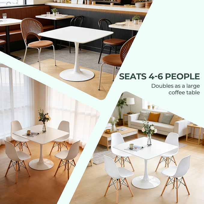 42 Inch White Square Dining Table, Mid Century Tulip Table for 4-6 People Modern Kitchen Dining Table with MDF Tabletop and Metal Pedestal Base