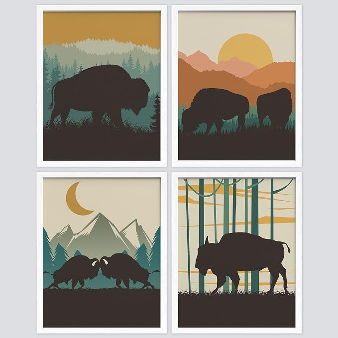 SIGNWIN Framed Country Farmhouse Vibrant Bison Wall Art, Set of 4 Silhouette Animals Wall Decor Prints, Wilderness Nature Wall Décor for Living Room, Bedroom - 11"x14" White