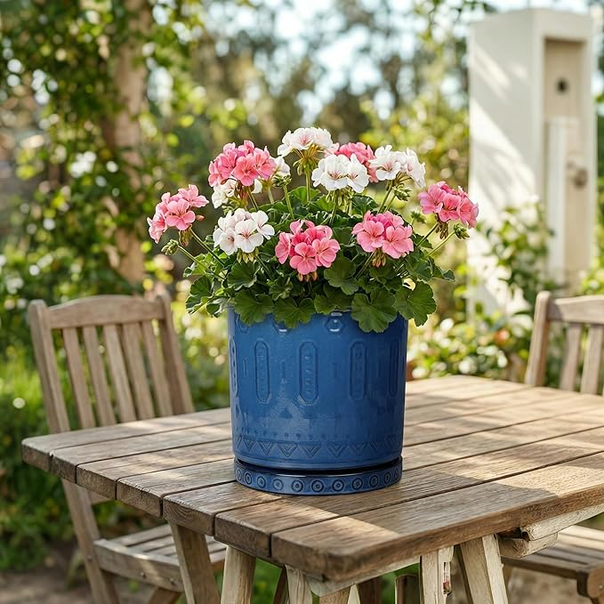 Eightpot 8 Inch Planter, Ceramic Plant Pots with Drainage Hole and Tray, Round Flower Pots for Indoor Plants Outdoor, Boho Planter, Decorative Pot for Plants, Plant Lover Gifts, House Decor, Blue