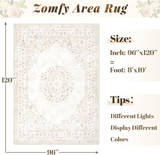 Area Rug 8x10 Vintage Rug: Large Washable Indoor Medallion Rugs Low Pile Distressed Floor Carpet Retro Accent Rug for Living Room Bedroom Kitchen Dining Table Home Office(Distressed Beige, 8'x10')