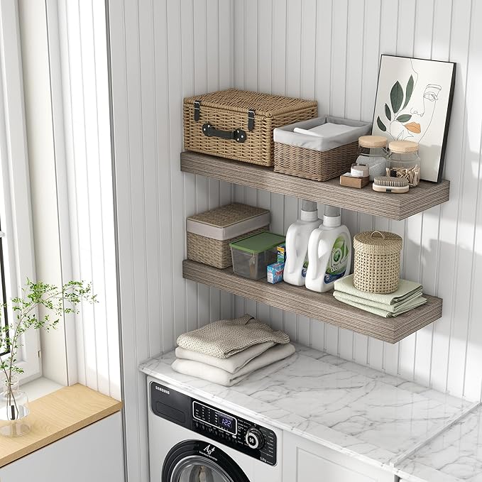 Deep Floating Shelves | 36 Inch Grey Floating Shelves Set of 2 | 12 Inch Deep Rustic Wood Shelves for Wall | 36" W x 12" D Grey Shelves for Living Room Bathroom Laundry Room Kitchen