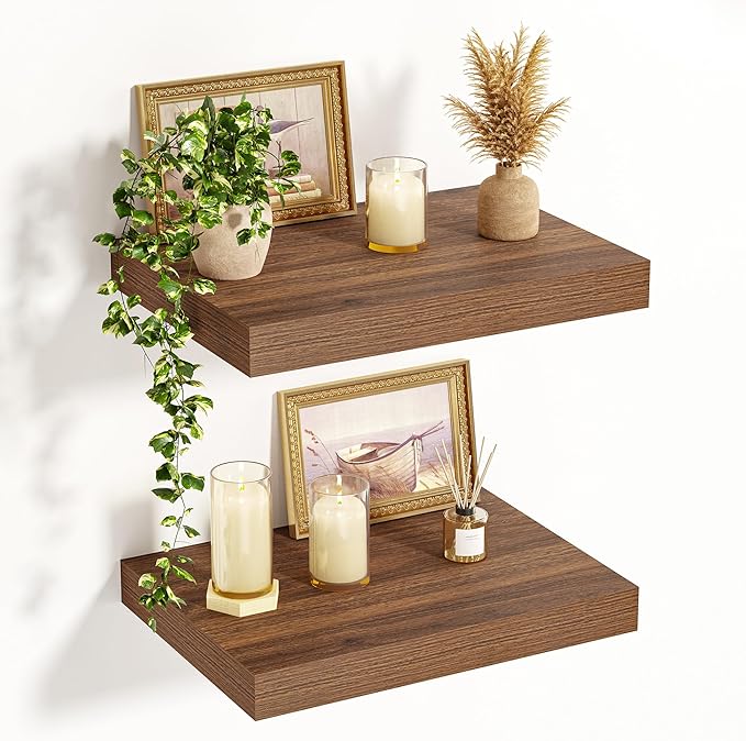 Vivelove Rustic Floating Shelves for Wall 12 Inch Deep, 15.7" X 12" X 1.5" Floating Shelf, 2 Inch Thick Shelf for Living Room Bathroom Bedroom Kitchen Office, Rustic Farmhouse Decor Set of 2, Walnut