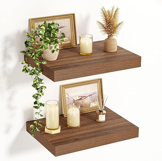 Vivelove Rustic Floating Shelves for Wall 12 Inch Deep, 15.7" X 12" X 1.5" Floating Shelf, 2 Inch Thick Shelf for Living Room Bathroom Bedroom Kitchen Office, Rustic Farmhouse Decor Set of 2, Walnut