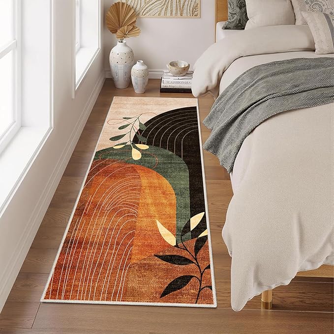 MUJOO Washable 2x6 Runner Rugs for Kitchen Hallway Bedside Bathroom Laundry Room Bedroom Floor,Boho Long Area Rug Non Slip Carpet Throw Rug Mid Century Modern Abstract Botanical Geometric Terracotta