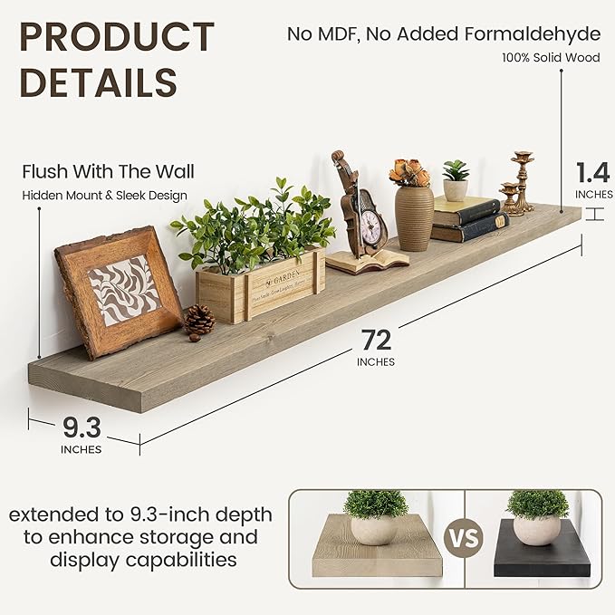 Marsmiles 72 Inch Floating Shelf | 9.3 Inch Deep Grey Wood Wall Shelf Set of 1 | Rustic Reclaimed Wood Shelves for Room Wall | Farmhouse Floating Shelves for Living Room Bathroom