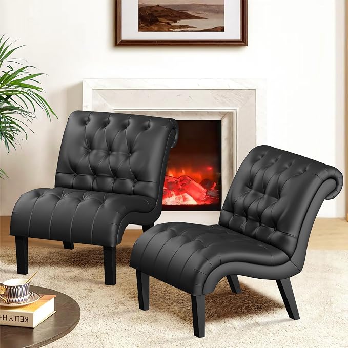 PU Leather Accent Chairs Set of 2 Button Tufted Upholstered Modern Armless Lounge Chair for Bedroom Living Room Side Chairs with Wood Legs Black