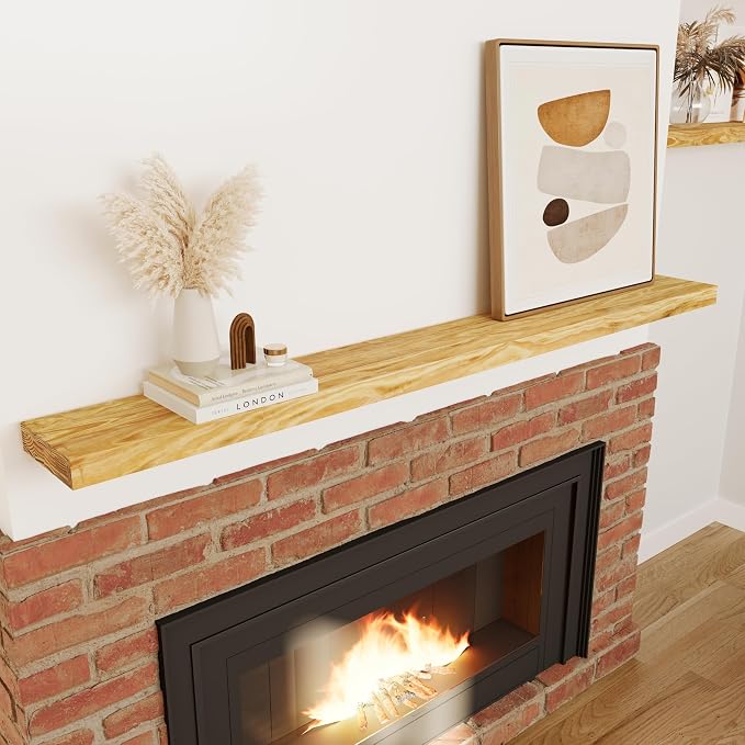 Howizz 72'' Pine Wood Floating Shelf for Wall, Rustic Wall Mounted Wooden Shelf with Invisible Brackets, Fireplace Mantel Shelf for Living Room, Bedroom, Bathroom & Home Decor, Natural Finish, 1 Pcs