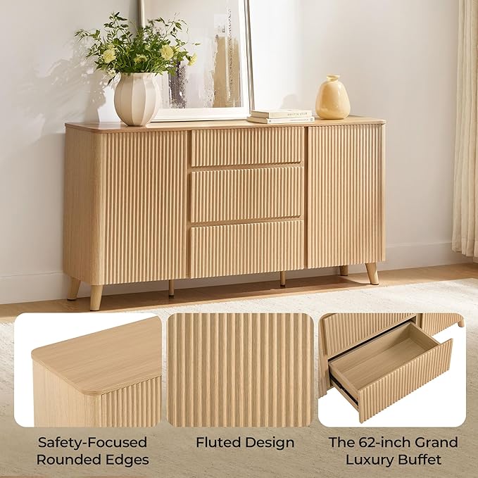 CHITA 62" Sideboard Buffet Cabinet with Storage, Fluted Cabinet with Drawers, Natural Oak
