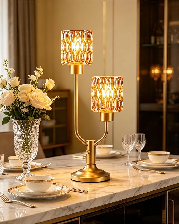 Lightdot Mid Century Modern Table Lamp for Living Room Dimmable Nightstand Lamp Amber Glass Vintage Gold Desk Lamp 2 Bulbs Included Warmwhite Ambient Bedside Lamps for Bedroom Home Office Decor Gift