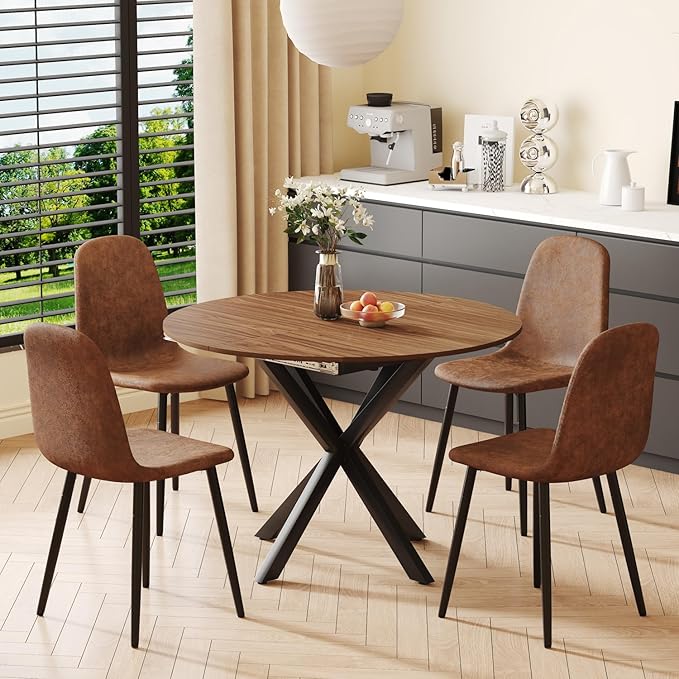 Extendable Dining Table Set for 4, 43-59" Round Dining Room Table Set, Walnut Wood Grain Table and 4 Brown Suede Upholstered Chairs Set, Mid Century Modern Kitchen Table Set with Cross Legs