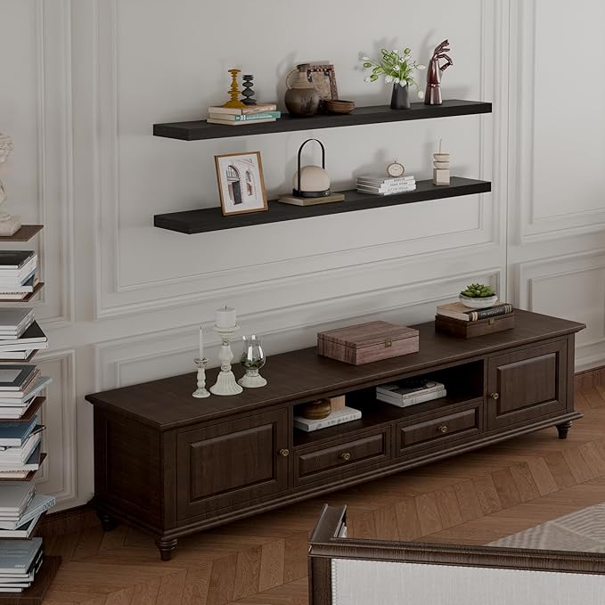 IEO Long Wooden Floating Shelves for Room Wall, Natural Wood Floating Shelves Wall Mounted Kitchen Shelf for Living Room, Bedroom, Kitchen,Bathroom, Storage (Black, 48in 2tier)