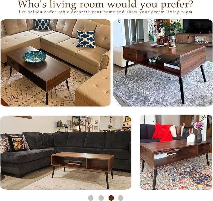 HAIOOU Coffee Table, Mid Century Modern Center Table for Living Room with Storage, Walnut Tea Table with Drawer, Open Storage Shelf, Floor-Anti-Scratching Pine Leg for Home, Office(Dark Brown)