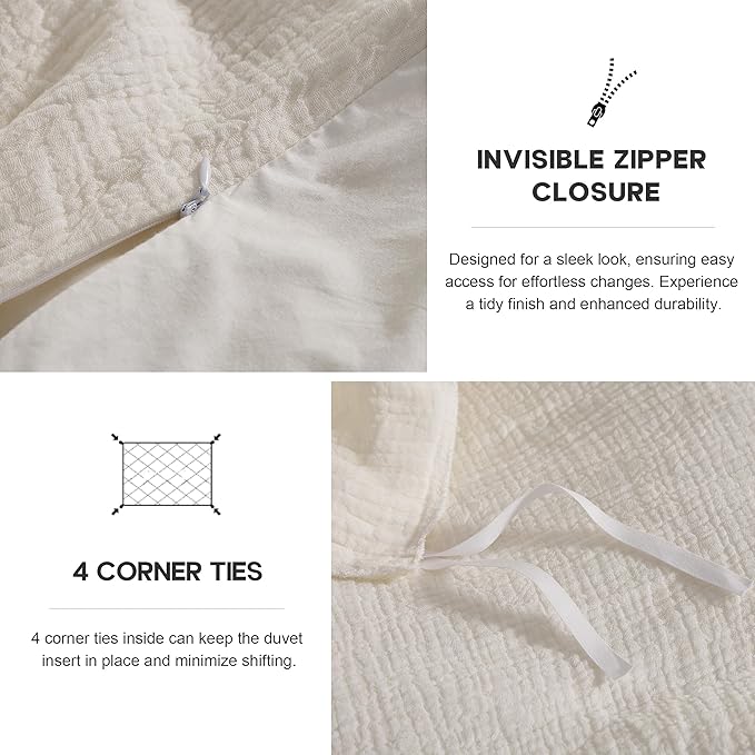 Simple&Opulence Linen Muslin Duvet Cover Set King Size, 3Pcs White Linen Cotton 3-Layer Gauze Minimalist Comforter Cover 104”x92”, Ultra Soft Breathable Seersucker Bedding Set with 2 Pillowcases