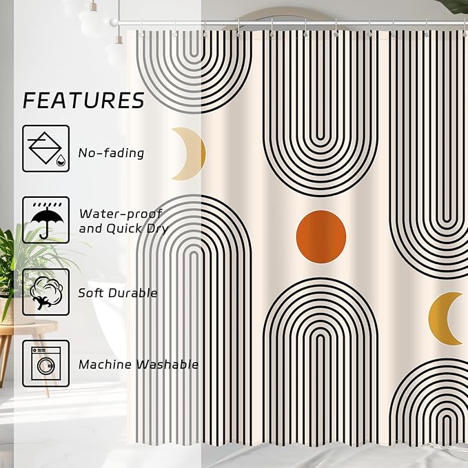 Boho Shower Curtains for Bathroom Mid Century Minimalist Abstract Aesthetic Modern Bathroom Decor Curtain Machine Washable Waterproof Fabric with 12 Hooks 72" W x 72" L