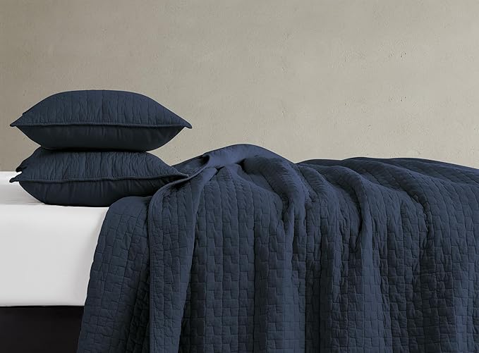 palassio Navy Blue 100% Cotton Quilt Queen Size Bedding Sets with 2 Pillow Shams, Textured Lightweight Soft Bedspread Shabby Chic Coverlet, Quilted Comforter Bed Cover for All Season, 3 Pieces
