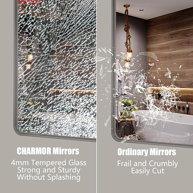 30x36 Brushed Silver Bathroom Mirror, Rounded Rectangle Silver Metal Frame Vanity Mirror for Wall, Brushed Nickel, Anti-Rust, Shatterproof (Horizontal/Vertical)