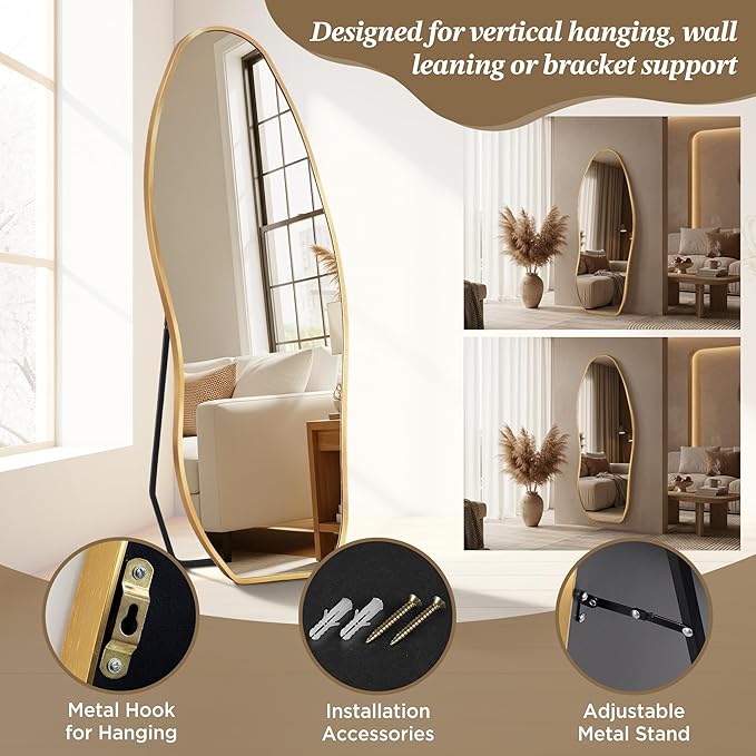 Mirror Full Length - Irregular Full Body Mirror Standing or Leaning or Wall Hanging 63"x 24" Asymmetrical Aviation Aluminum Alloy Frame Unique for Bedroom, Living Room, Cloakroom, Entryway