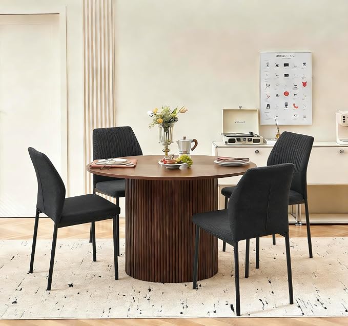 Dining Table Set for 4, 47" Wooden Round Kitchen Table with Linen Fabric Chairs for Kitchen Room and Small Spaces(Walnut Table + 4 Black Chairs)