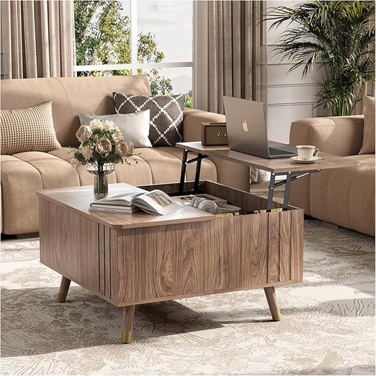 Square Lift Top Coffee Table with Storage,32" Mid Century Modern Walnut Center Table with Rising Desktop for Work & Dining, Walnut Finish