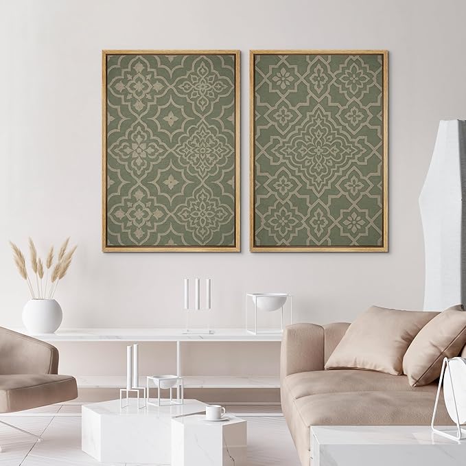 IDEA4WALL Framed Canvas Print Wall Art Set Moroccan Tile Pattern Green and Beige Geometric Illustrations Modern Art Decorative Bohemian Calm/Zen for Living Room, Bedroom, Office - 16"x24"x2 Natural