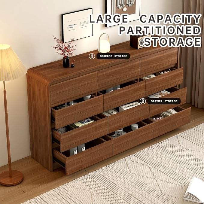 12 Drawer Dresser For Bedroom 63 Inch Wood Chest of Drawers - Curved Anti Collision, Mid Century Dresser For Closet with Natural Texture & Pre-Embedded Slots for TV Stand, Living Room, Nursery