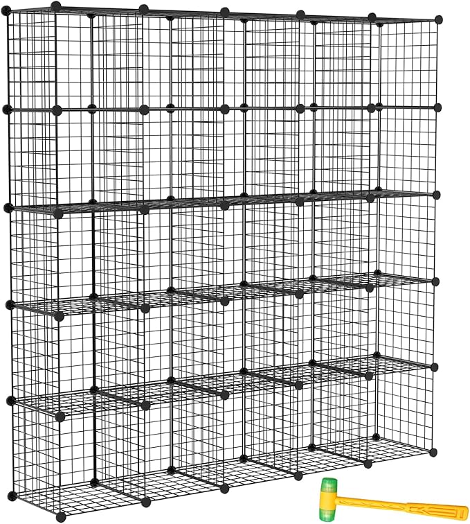 Wire Cube Storage Organizer, 25-Cube Modular Mental Grids Bookshelf, DIY Stackable Closet Cabinet for Bedroom Living Room, Office, Iron