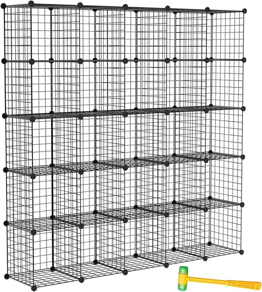 Wire Cube Storage Organizer, 25-Cube Modular Mental Grids Bookshelf, DIY Stackable Closet Cabinet for Bedroom Living Room, Office, Iron