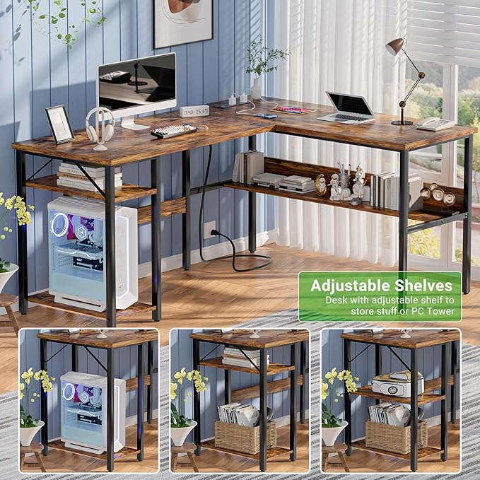 Unikito L Shaped Computer Desk with Magic Power Outlets and USB Charging Port, Sturdy Reversible Corner Desk with Storage Shelves, Modern Work Desk for Home Office, Easy to Assemble, Rustic Brown