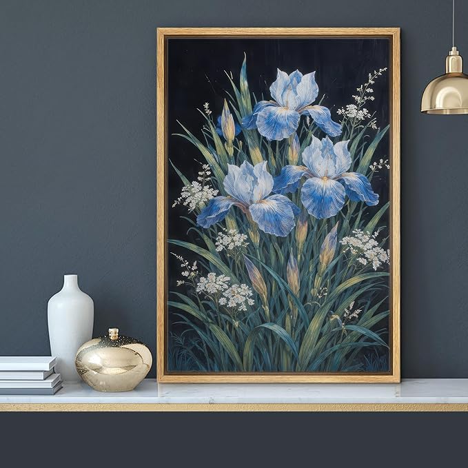 MUDECOR Framed Canvas Print Wall Art Blue Iris Botanical Floral Illustrations Minimalism Decorative Bohemian Zen for Living Room, Bedroom, Office - 24"x36" NATURAL