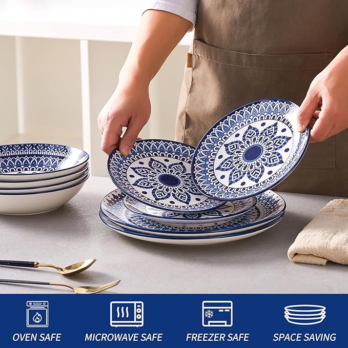 Bestone Ceramic 12-Pieces Dinnerware Sets, Ceramic Dish Plates and Bowls Sets, Dishes Set for 4, Dinner Salad Dessert Plates, and Cereal Bowls Set, Gift,Vintage Blue