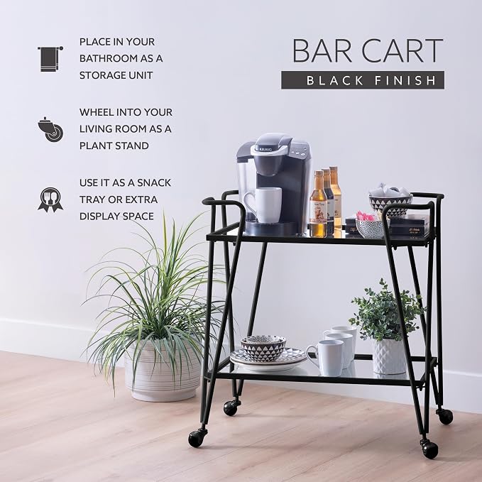Linon Gina Black Mid Century Bar Cart with Mirrored Shelves