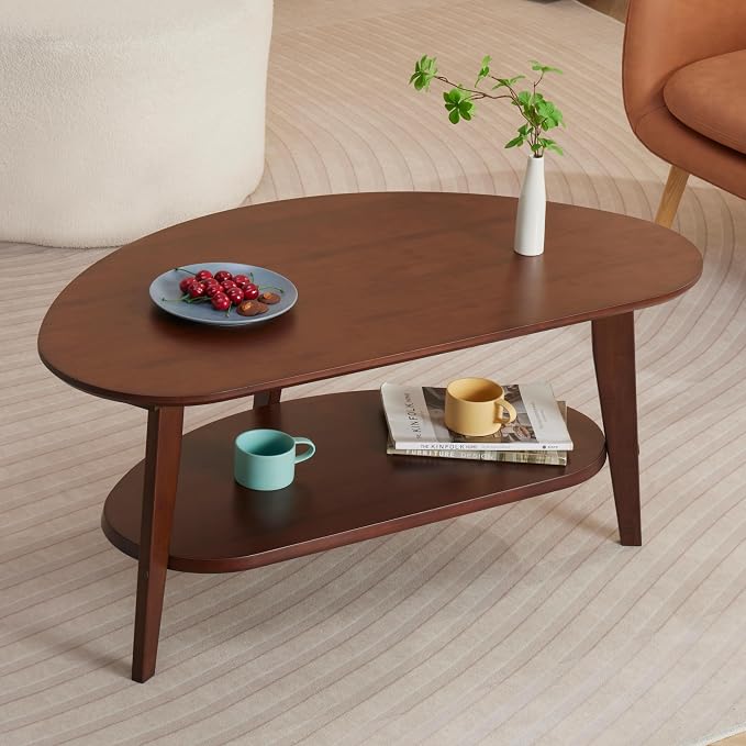 NAVREX Mid Century Modern Coffee Table with Storage, 2 Tier Oval Round Coffee Tables for Living Room, FSC Certifiled 100% Solid Bamboo Wood Center Table, Value Lies in Material (Walnut Finish)