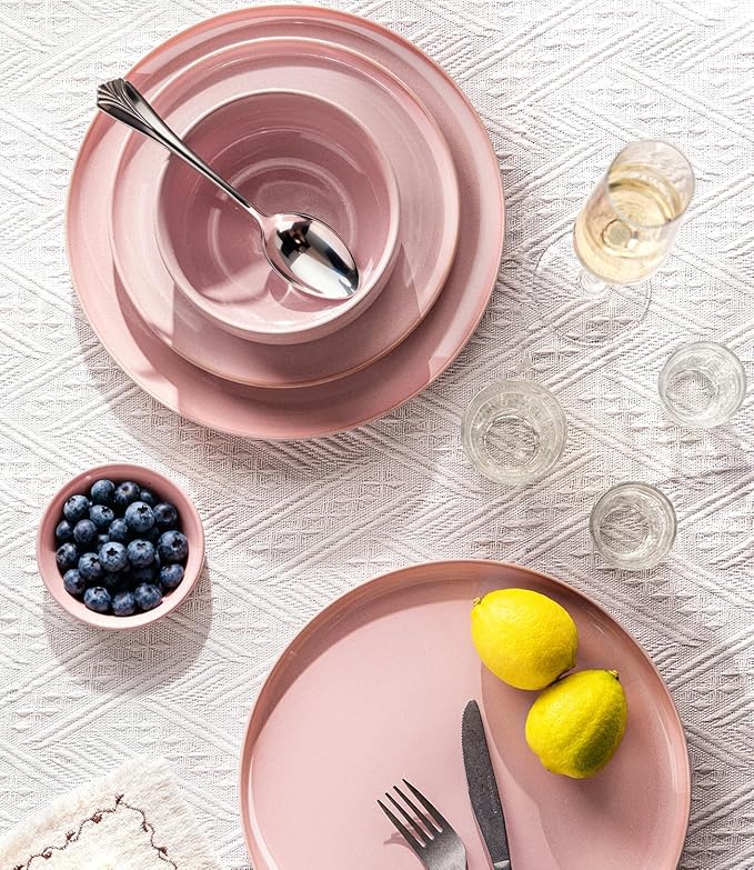 TheTerra Ceramic Dinnerware Sets for 4, 12 Pieces Handmade Reactive Glaze Plates and Bowls Set, Scratch Resistant Dish Set, Oven & Microwave & Dishwasher Safe, Sakura Pink