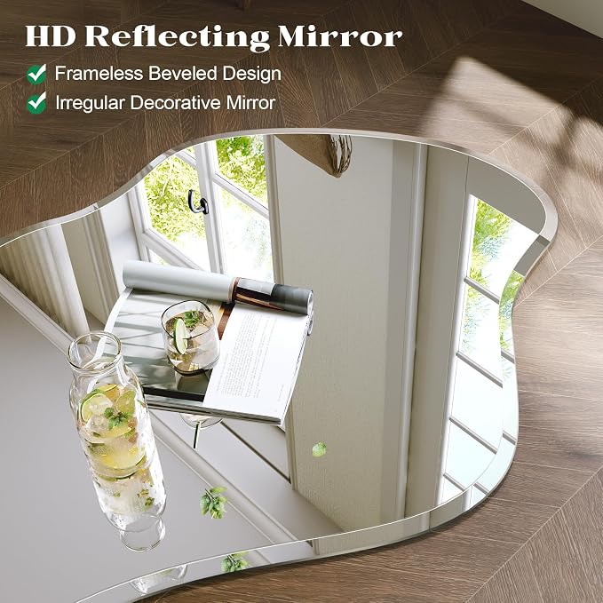 Irregular Wall Mirror, 22”x38” Asymmetrical Wall Mirror, Frameless Asymmetrical Mirrors for Bathroom Entry Way Bedroom Living Room