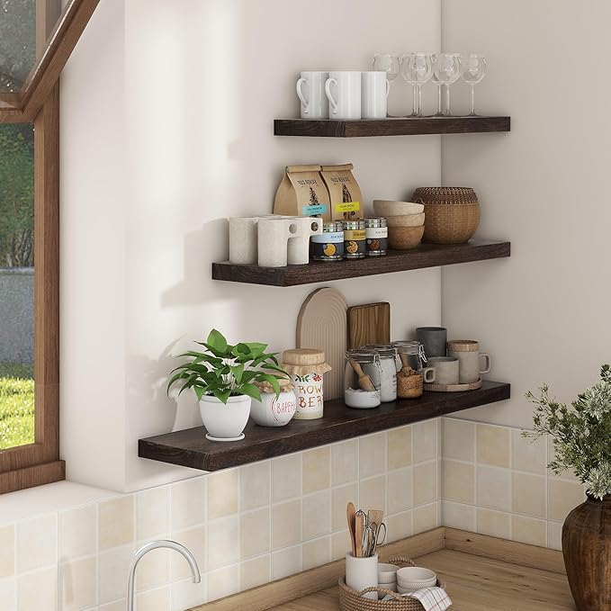 Axeman Floating Shelves for Wall, Rustic Elm Wood 56'' W x 8" D Wall Shelf with Invisible Bracket, Large Long Wall Mounted Storage Shelves for Living Room, Bedroom, Kitchen, Bathroom Decor, Walnut