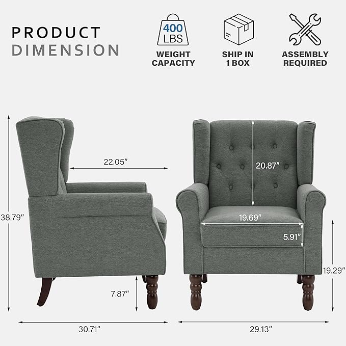 Accent Chair, High Back Upholstered Chair with Button Tufted, Mid-Century Modern Comfy Wingback Chair Reading Armchair in Fabric for Living Room for Bedroom, Office-Gray