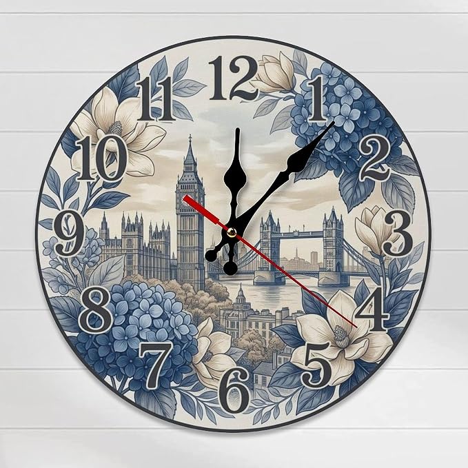 London Cityscape Floral Wooden Wall Clock Silent Non Ticking | European Decor for Living Room, Bedroom, Kitchen, Office, Gift