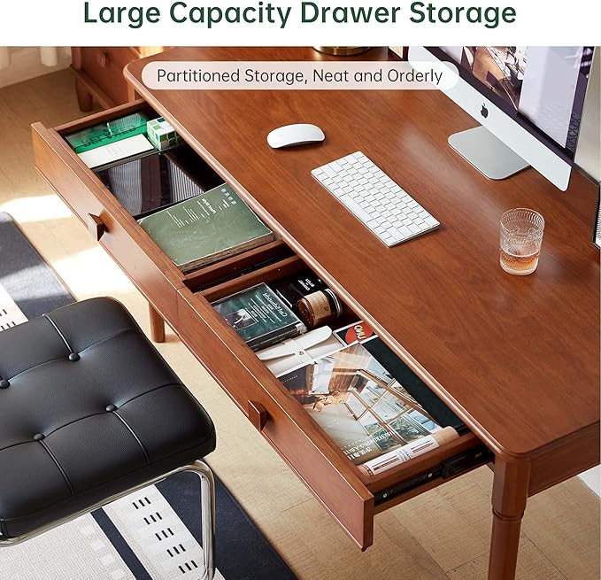 Solid Wood Computer Desk, Mid-Century Modern Home Office Desk with Drawers for Study, Working, Home Office 55" W