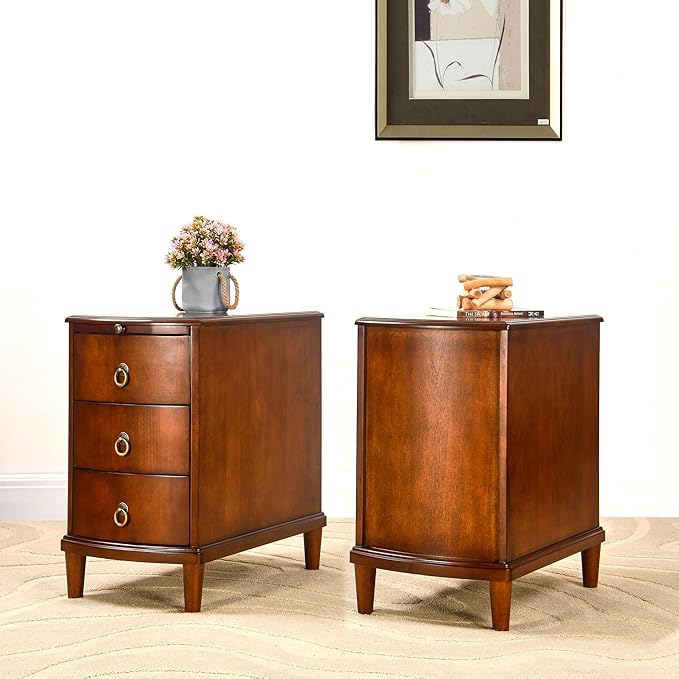 2 Set Solid Wood End Table with 3 Drawers, Cherry Red American Style Beside Table with Slide-Out Coffee Tray, Sofa Chair Side Table Nightstand for Living Room Bedroom, Rustic Wood Grain Accent Table